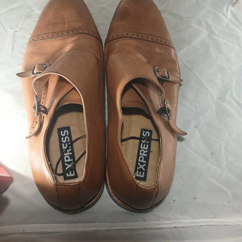 Express Men Leather‎ Double Monk Strap Cap Toe Dress Shoes Brown Size 9